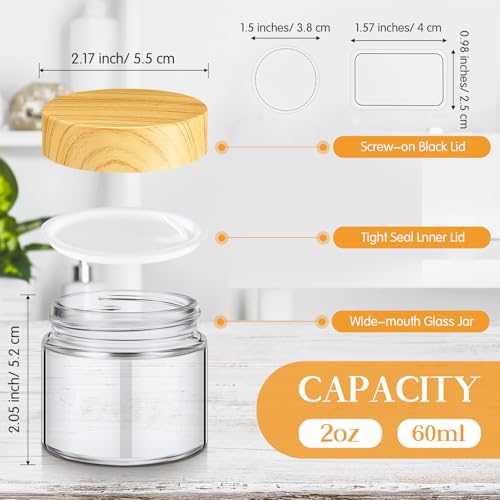 Layhit 64 Pcs 2oz/ 60ml Glass Jars with Lids Clear Small Jars with Plastic Woodgrain Lids, White Labels and Inner Liners Empty Round Cosmetic Containers for Creams Lotions Candle Making (Clear)