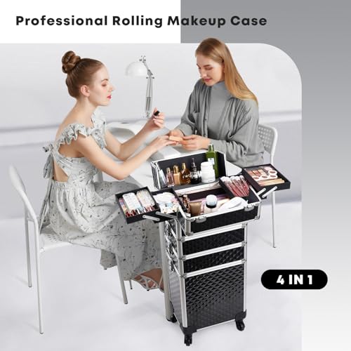 4-in-1 Rolling Makeup Train Case with Wheels - Professional Cosmetology