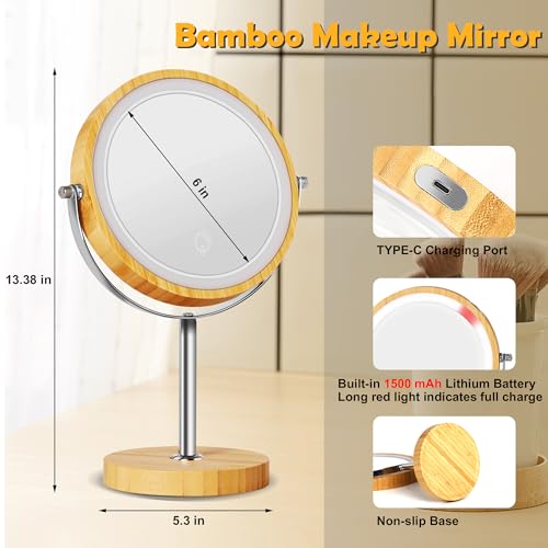 8" Lighted Makeup Mirror with Bamboo Stand, 1X/10X Double Sided Magnifying Vanity Mirror with Lights, 3 Colors Dimmable Lightning, Gifts for Women Mom Teen Girls