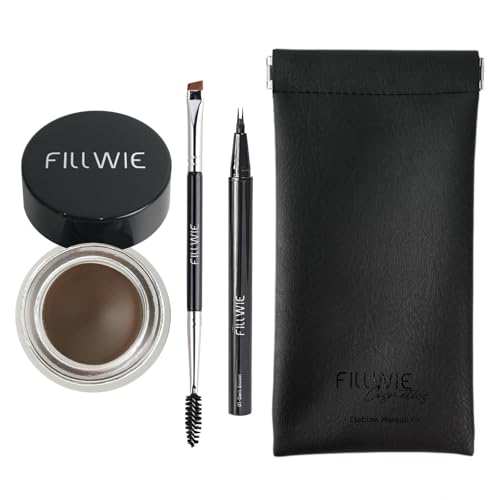 Eyebrow Pomade Stamp, Microblading 2 Tip Liquid Eyebrow Pen, Eye brow Kit with Angled Spoolie Brush and PU Pouch for Travel (Dark Brown)