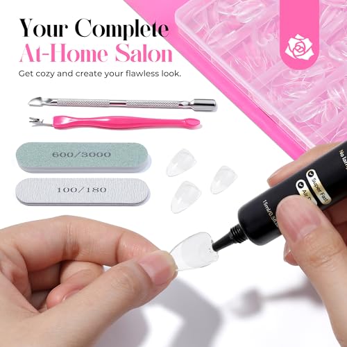 UNA GELLA Short Almond Gel Nail Tips Kit — 216 Pcs Pre-Etched Nails with Air-Dry Glue for Beginners