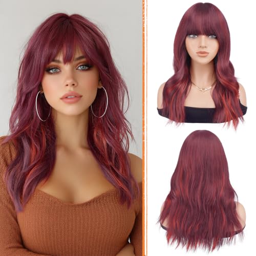 Haloo Mix Red Wigs with Bangs, 19 Inch Natural Wavy Synthetic Hair for Women