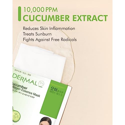 DERMAL Cucumber Collagen Essence Facial Mask Sheet 23g Pack of 10 - Soothing & Moisturizing, Redness & Sunburn Relief, Daily Skin Treatment Solution Sheet Mask
