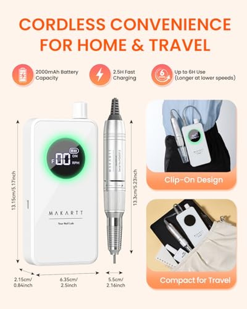 Makartt Cordless Nail Drill for Beginners | 35000RPM, Quiet & Low-Vibration