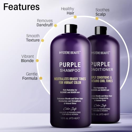 MYSTÉRE BEAUTÉ Purple Shampoo & Conditioner Set for Blonde & Gray Hair - Sulfate-Free 16 fl oz