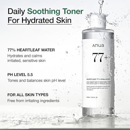 Anua Heartleaf 77 Soothing Toner, Moisturizing & Calming Facial Toner for Glass Skin, Hyaluronic Acid, Lightweight Hydration for Sensitive Skin, Redness Relief, Korean Skincare, 8.45 fl.oz