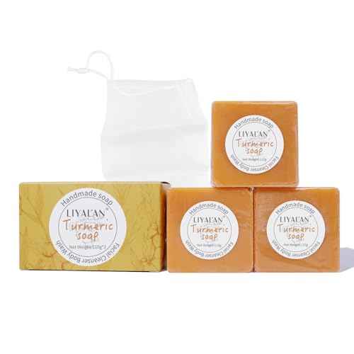 LIYALAN Turmeric Soap Bar 3.88 oz each Bar for Face and Body evens out skin tone,Smooth Skin,Cleansing Handmade Soap contains 3 bars with a fresh ginger and lemongrass scent