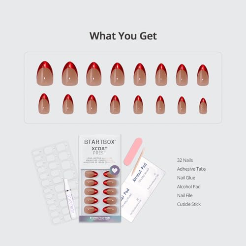 BTArtbox Ruby Slipper Press On Nails Short Almond French Tip Kit - 32 Pcs