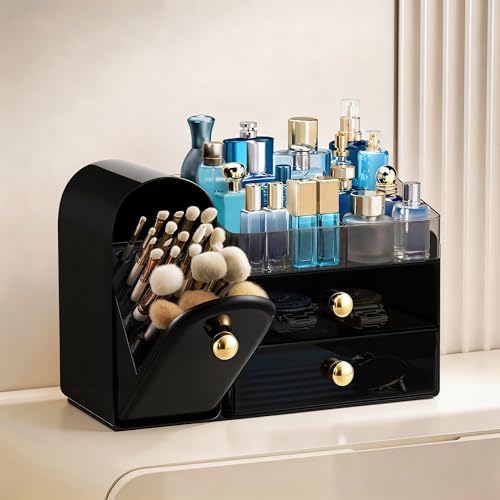 HBlife Makeup Organizer with Drawers & Brush Holder - Black & Gold