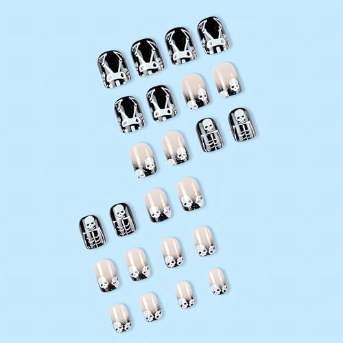 Halloween Short Press on Nails Black Skull Fake Nails Full Cover Glue on Nails with Design Glossy Square Shape Halloween False Nail Tips Reusable Halloween Short Square Nails for Women Manicure 24Pcs