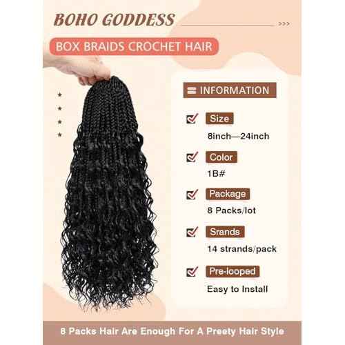 Goddess Box Braids Crochet Hair for Women 14 Inch 8 Packs Boho Crochet Box Braids with Curly Ends Bohemian Pre-looped Braiding Hair Extensions(14inch,1B)