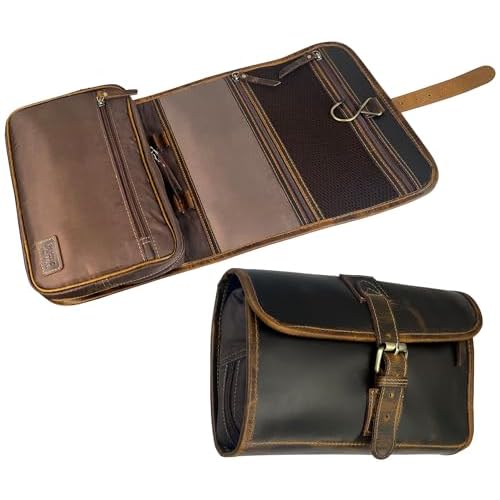 RUSTIC TOWN Leather Hanging Toiletry Bag for Men - Travel Shaving Dopp Kit - Bathroom Shower Toiletries Organizer - Leather Cosmetic Makeup Bag for Women