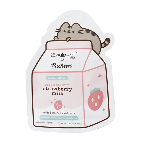 The Cr?me Shop x Pusheen Printed Essence Sheet Mask - Formulated with Collagen, Lactic Acid, and Strawberry for Glowing, Moisturized Skin (Strawberry Milk) (Pack of 3)