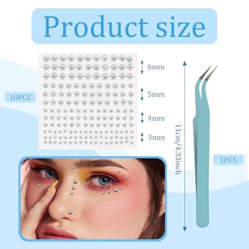 Face Gems Fake Piercings, 1650 Pcs Fake Eyebrow Piercing Y2k Accessories Nose Stud Eyebrow Stud, Non-Piercing Nose Stud with 1 Clip, Face Sticker Ring Cool Punk Y2K Makeup for Women Men, Silver