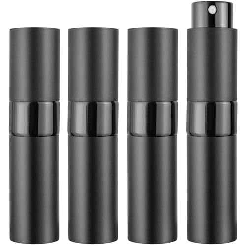 8ML Refillable Perfume Spray Bottles - Travel Atomizer Set with Removable Inner Bottle, Portable Leak Proof Lightweight Sprayer for Fragrances, Essential Oils (Matte Black 4 Pack)
