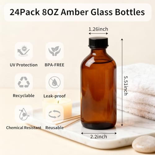 8 oz Amber Glass Boston Round Bottles with Polycone Caps - Pack of 24