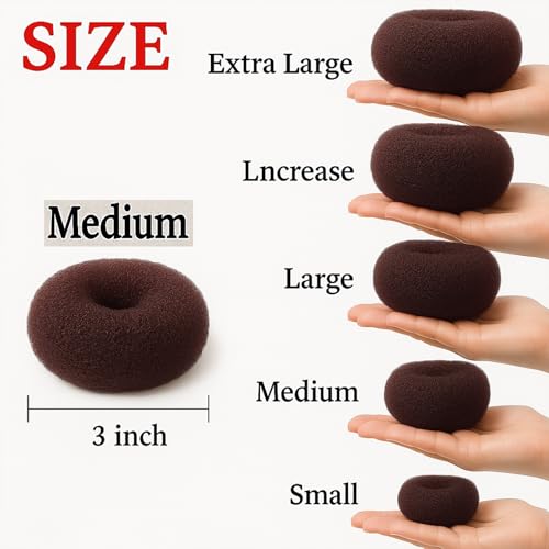 Brown Hair Bun Maker Set - 3 Medium Donuts & Elastic Bands for Kids & Women