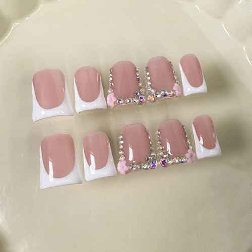 Handmade Press on Nails Short Duck White French Tip Thick Acrylic Fake Nails 3D Floral False Nails with Rhinestones Pink Flower Designs Elegant Sturdy Nail Art Press on Nails 10Pcs(S)