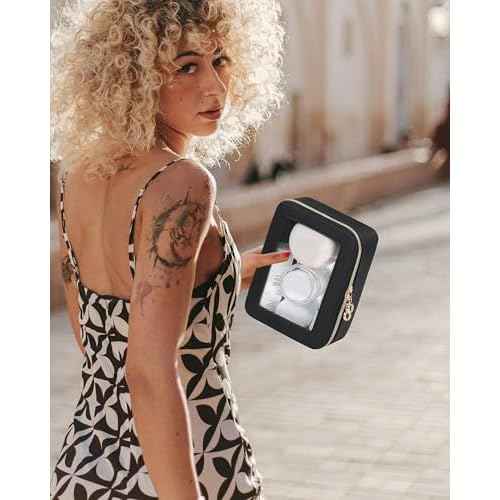 Leather Clear Makeup Bags Set - Travel Clear Cosmetic Bag Case with Zipper, Transparent TSA Approved Toiletry Bags for Travel Essentials Car Accessories for Women (Black, S+M)