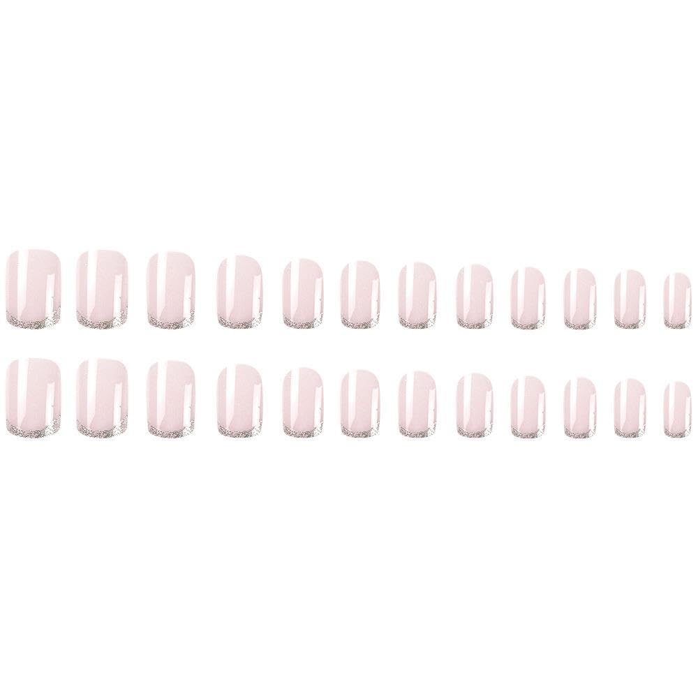 24Pcs French Tip Press on Nails Short Square Fake Nails with Silver Glitter Design False Nail Tips Acrylic Glossy Glue on Nails Cute Nail Art Decorations for Women