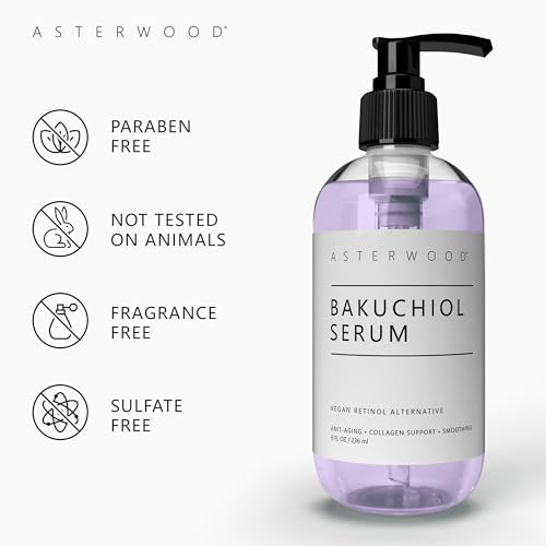 ASTERWOOD Bakuchiol Serum for Face - Retinol Alternative Bakuchiol Oil - Plumping, Anti-Aging and Anti-Wrinkle - Smoothing Skin Care - 8 oz