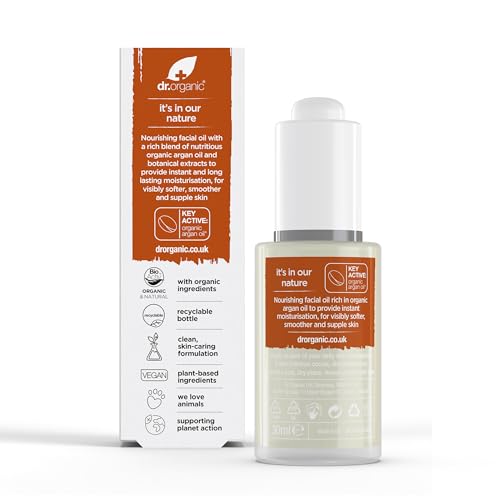Dr. Organic Moroccan Argan Oil Facial Oil | Nourishing for Healthy Aging, Non-Greasy, Smoothes and Replenishes Skin, Natural, Vegan, Certified Organic, 30 mL / 1 fl oz