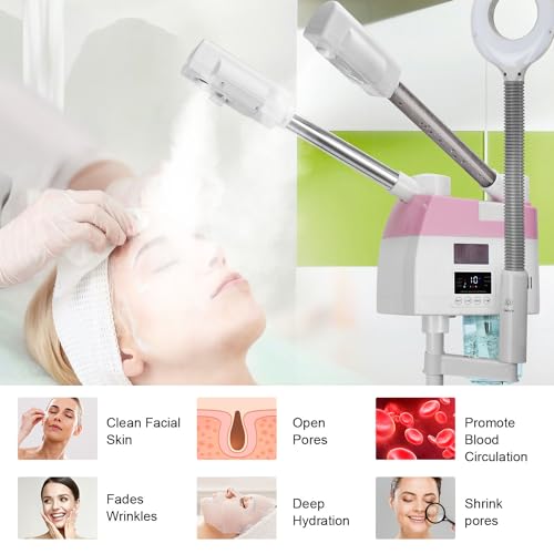 Professional 3-in-1 Facial Steamer with 5X Magnifying Lamp & Wheels