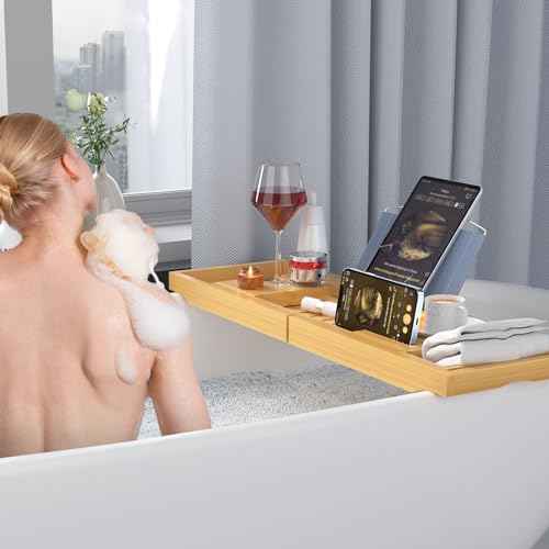 Luxury Bamboo Bathtub Tray - Wooden Expandable Caddy with Book, Tablet, Wine Holder - Gift Idea