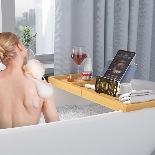 Bamboo Bathtub Tray Caddy - Expandable with Book & Tablet Holder