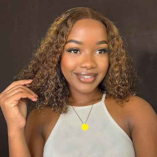 Highlight Glueless Bob Wigs Human Hair Pre Plucked Pre Cut Curly Human Hair Wigs for Black Women Ombre Deep Wave 4x4 HD Lace Closure Wigs Ready to Wear and Go Glueless Wigs