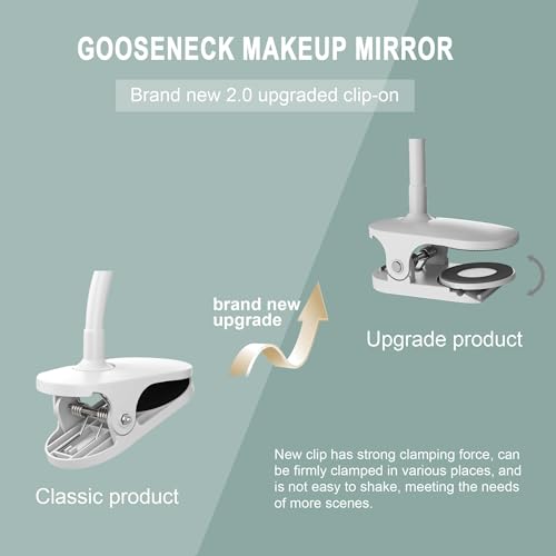 10X Magnifying Clip on Makeup Mirror Gooseneck, 6.5" Vanity Mirror with Light, 2000mAh USB Recharge 360¡Æ Rotating,Clip On Gooseneck Magnifying Vanity Mirror with Light,Travel Makeup Mirror (White 10X)