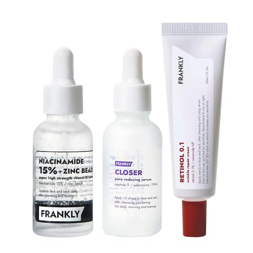FRANKLY Dark Spot, Wrinkle & Pore Care Set ? Niacinamide Serum + Retinol Night Cream + Peptide Pore Serum | Complete Korean Routine | Skincare Gifts for Women