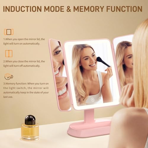 FRANO Pink Rechargeable Trifold Makeup Mirror with Lights, 1X/3X/5X Magnification, Portable Vanity with Dimmable LED for Travel & Desk