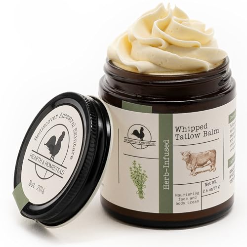 Hearth and Homestead: Handmade Whipped Tallow Balm (Herb-Infused/Unscented) - Large Jar - 2.6 oz
