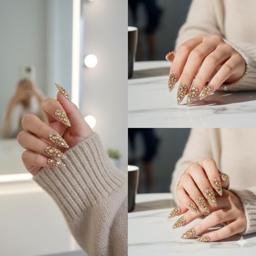 Luxury Gems 100% Handmade Nails Gold Long Stiletto Press On Nails Full Cover 3D Rhinestone Crystal Gorgeous Reusable UV Finished Fake False Nails Acrylic Nail Kit With Box Gifts for Women L