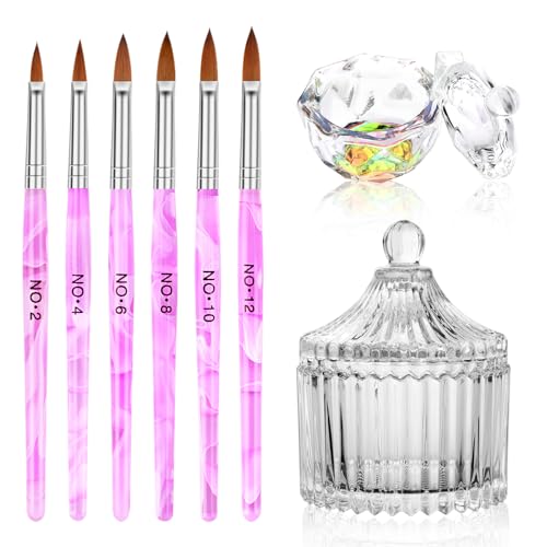 Acrylic Nail Brush Dappen Dish Set - 6Pcs Acrylic Nail Brush and 2Pcs Crystal Dappen Dish with Lid for Acrylic Nails, Monomer Dish Nail Glass Cup Nail Art Brush Set for Acrylic Nail Liquid Powder