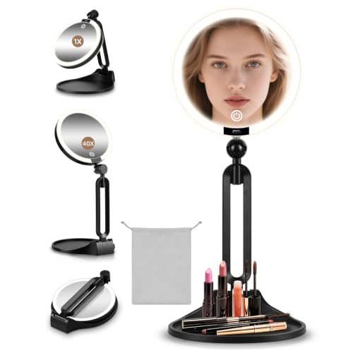 JJhxr 40X/1X Black Double-Sided LED Makeup Mirror with Lights, 6-Inch