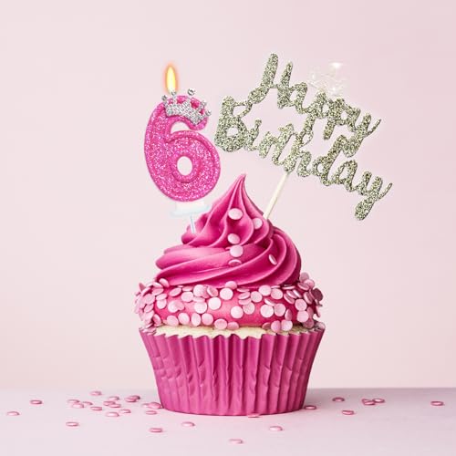 Hot Pink Number 6 Birthday Candle with Glitter Crown - 3" Tall