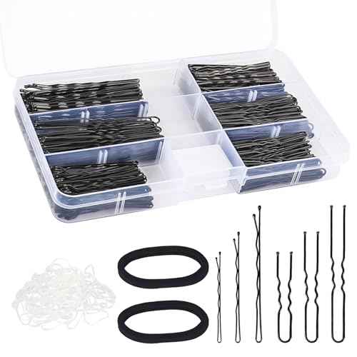402pcs Bobby Pins U Hair Pins Set, 150pcs Wavy Bobby Pins 150pcs Hair Pins and 102pcs Hair Bands, U Pins for Hair Buns Women and Girls All Hair Types 2inch 2.4inch 2.75inch, Black