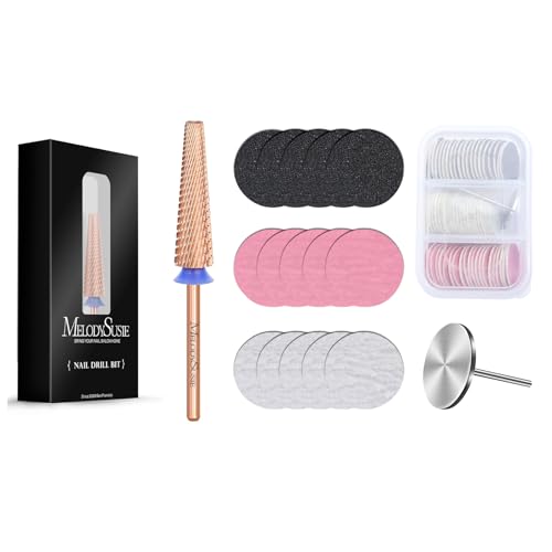 MelodySusie Super Long 5 in 1 Nail Drill Bits with 60 Pcs Replacement Sandpaper Discs