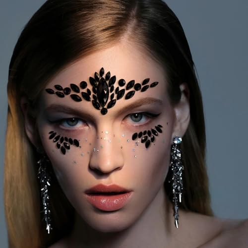 6 Sheets Black Face Gems, Self-Adhesive Rhinestone Face Jewels for Festivals, Halloween, and Costume Parties, Large