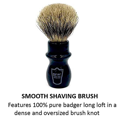 Parker Handmade Deluxe Mug Shaving Brush with Stand - 100% 3-Band Pure Badger Bristles -Extra Dense and Firm (Black)