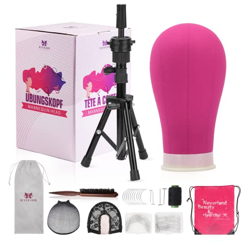 23 Inch Canvas Wig Mannequin Head with Tripod Stand for Wigs Making Display with T Pins Set Bristle Brush(Rosy)