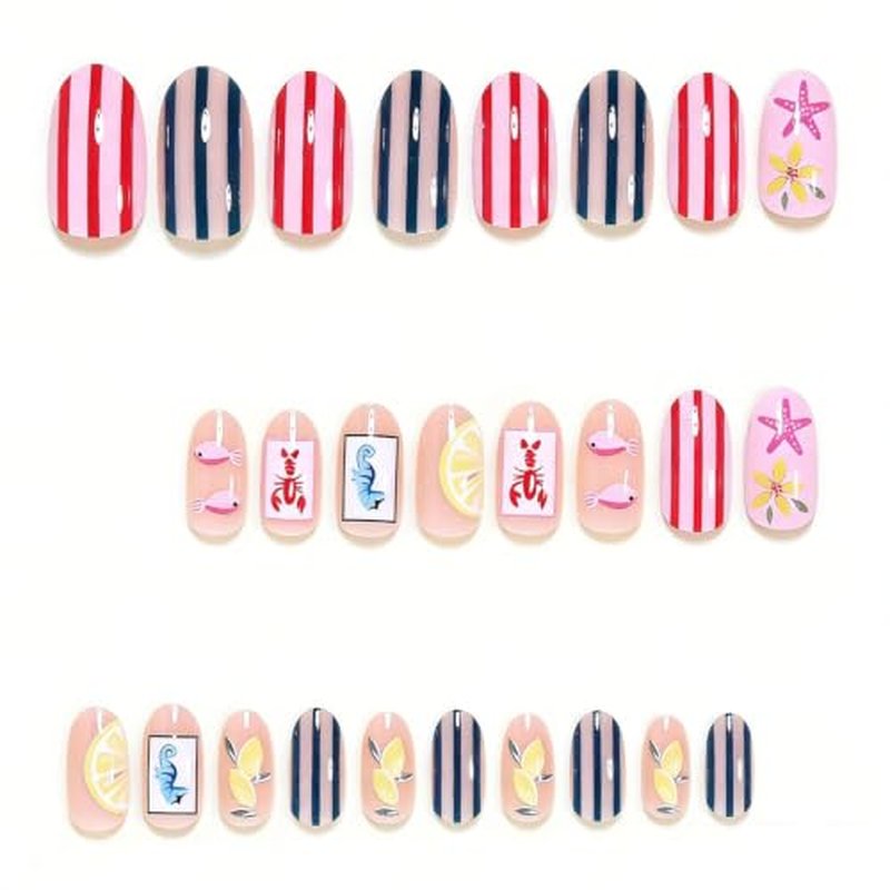 24Pcs Summer Beach Oval Press On Nails with Lemon Flower Stripes