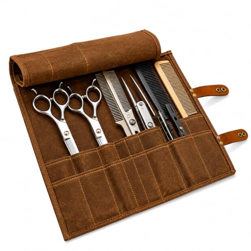 16-Slot Barber Scissors Bag Roll-Up | Waxed Canvas & Leather