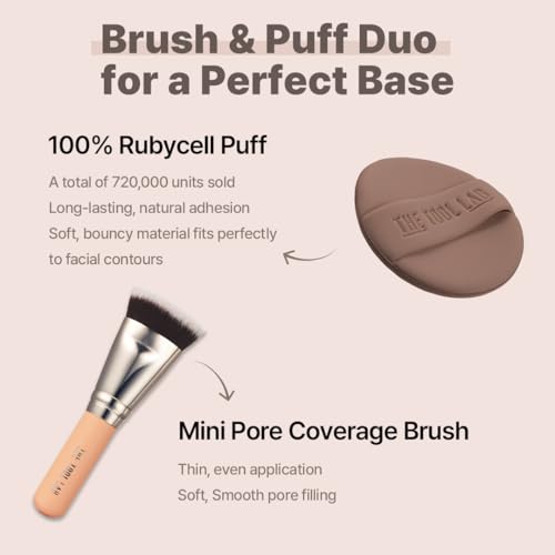 THE TOOL LAB All Day Fitting Duo (Glow type) - Premium Base Makeup Set for Liquid Cream Powder Foundation, Buffing Blending Face Brush, Sponge, Portable Case - 1.1" Flat Top Brush