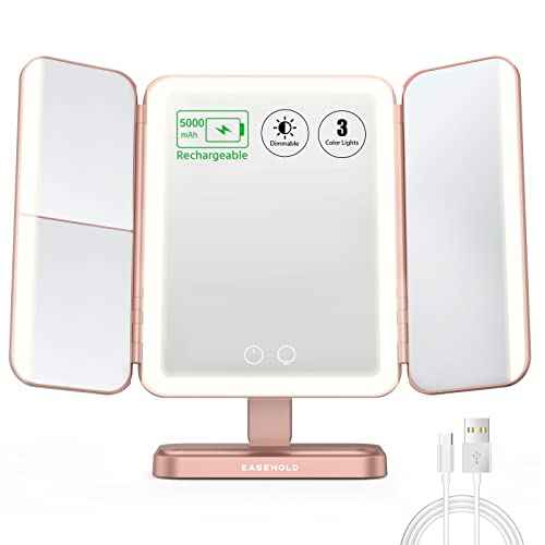 EASEHOLD Rechargeable Vanity Mirror with Lights, 116 LEDs Make up Mirror, 3-Color Lighted Makeup Mirror, 2X/3X/10X Magnification, 5000 mAh, Touch Sensor, Light up Mirror, Gifts for Women