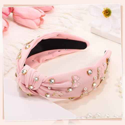 obeoby Bow Headbands for Women, Pink Knotted Teacher Headband Non Slip Wide Hairband Stocking Stuffers for Women Girls