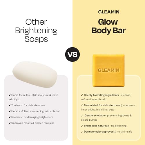 Gleamin Glow Body Bar - Turmeric and Kojic Acid Soap with Vitamin C for Visible Brightening & Smooth Texture - Helps Fade the Look of Dark Spots & Prevent Ingrowns - Vegan - 100g