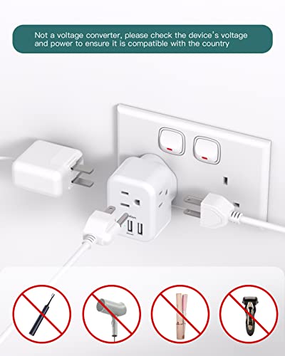 2-Pack US to UK Ireland Travel Plug Adapter, Addtam Type G Power Outlet Adapter with 3 AC Outlets and 3 USB, Travel Essentials for USA to Dubai Scotland British London England Hong Kong Irish